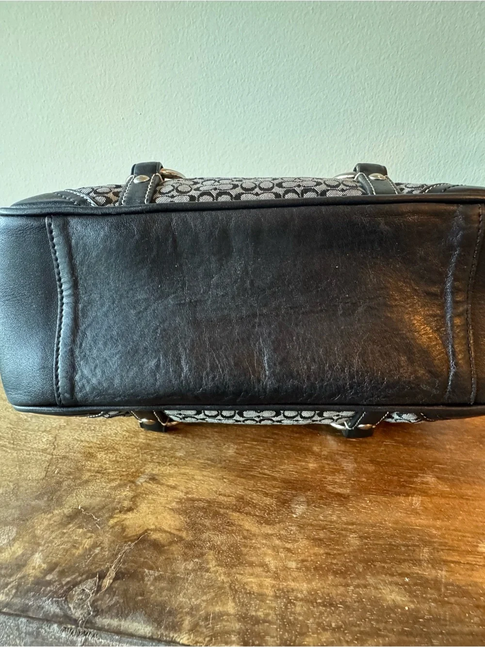 Coach Signature Pattern Black and Gray Tote with Leather Trim